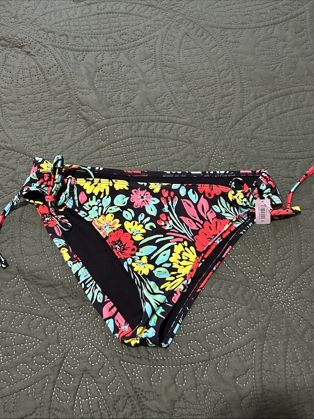 Adore Me Black Floral Tie-Side Bikini Bottom with Yellow Pink Aqua Accents